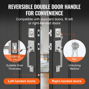 Double Door Handle Set Satin Nickel | Heavy Duty Square Lever with Dummy & Lock Set | Reversible Handle for Front Door or Office Entry