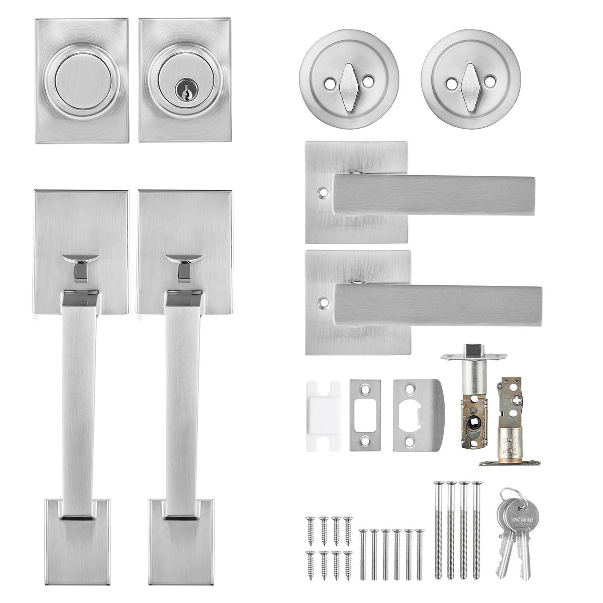 Double Door Handle Set Satin Nickel | Heavy Duty Square Lever with Dummy & Lock Set | Reversible Handle for Front Door or Office Entry
