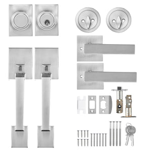 Double Door Handle Set Satin Nickel | Heavy Duty Square Lever with Dummy & Lock Set | Reversible Handle for Front Door or Office Entry