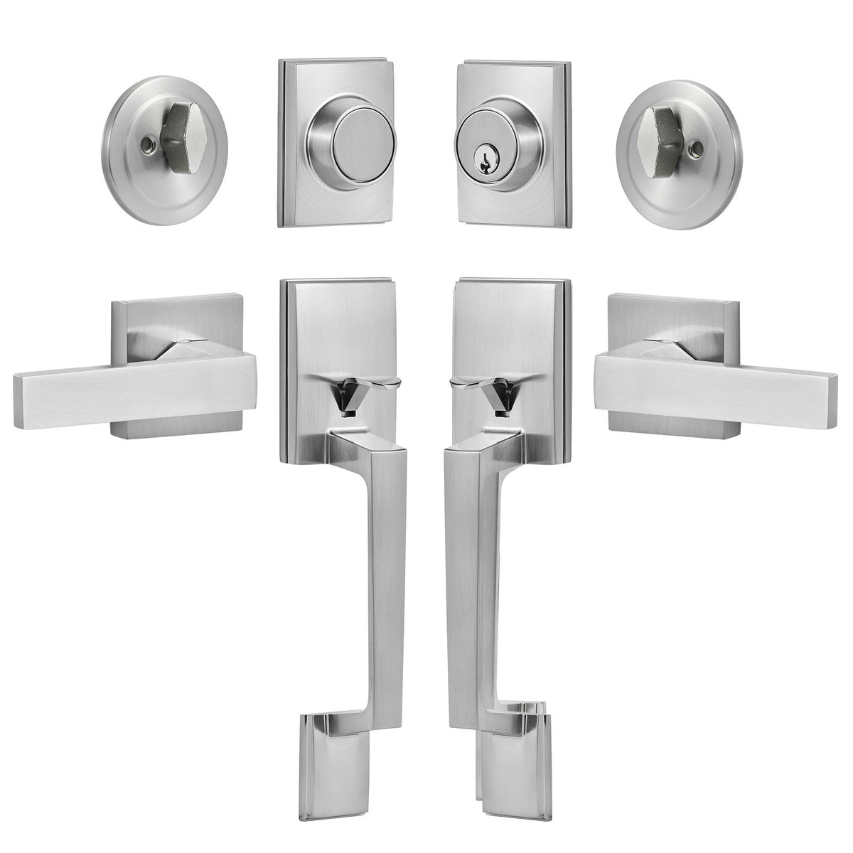 Double Door Handle Set Satin Nickel | Heavy Duty Square Lever with Dummy & Lock Set | Reversible Handle for Front Door or Office Entry