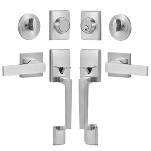 Double Door Handle Set Satin Nickel | Heavy Duty Square Lever with Dummy & Lock Set | Reversible Handle for Front Door or Office Entry