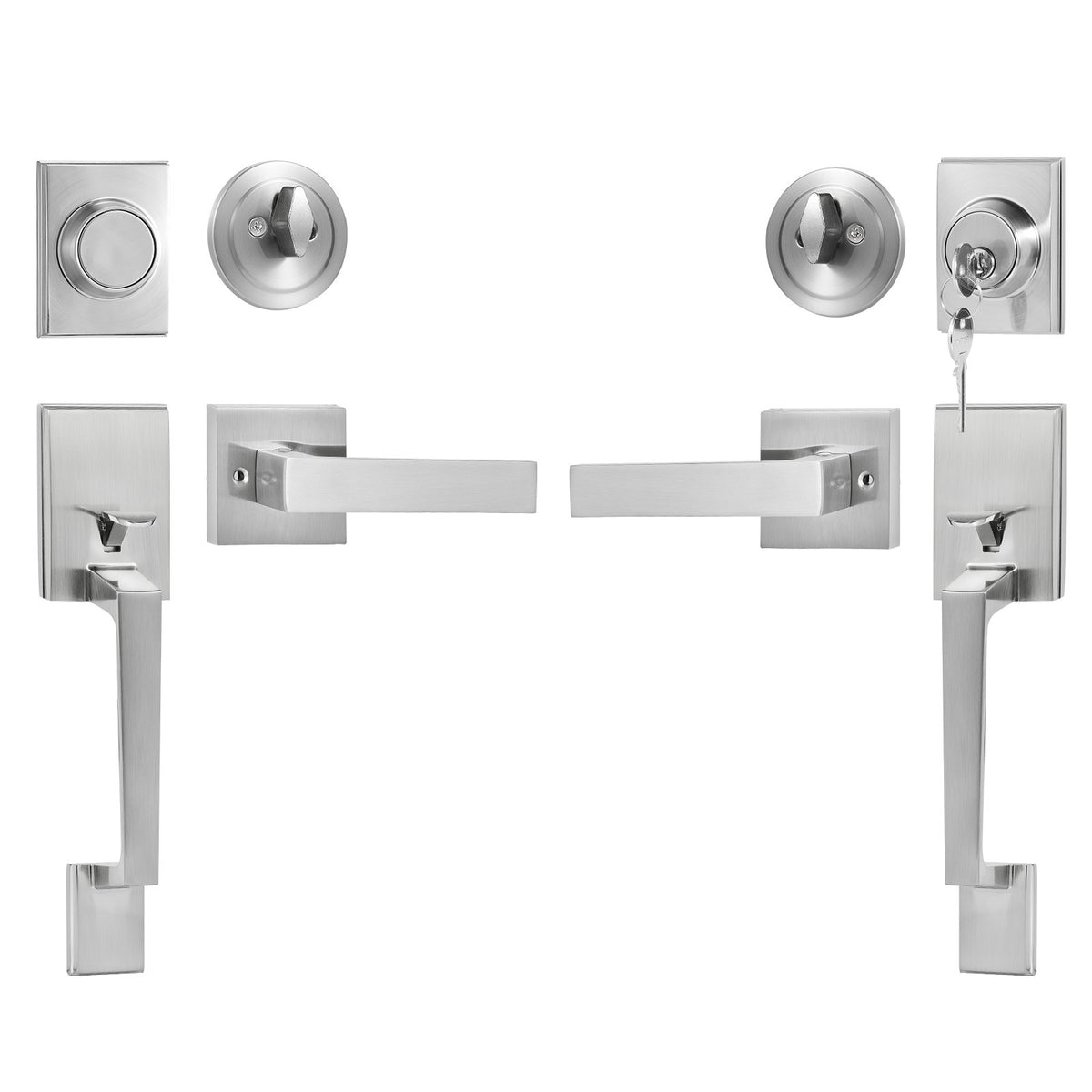 Double Door Handle Set Satin Nickel | Heavy Duty Square Lever with Dummy & Lock Set | Reversible Handle for Front Door or Office Entry