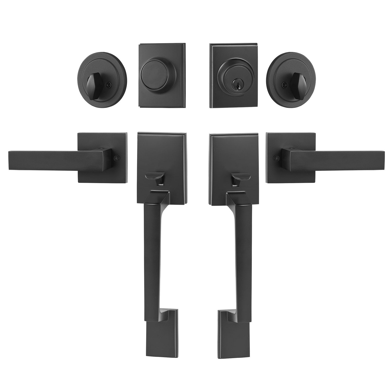 Double Door Handle Set Matte Black | Heavy Duty Square Lever with Dummy & Lock Set | Reversible Handle for Front Door or Office Entry