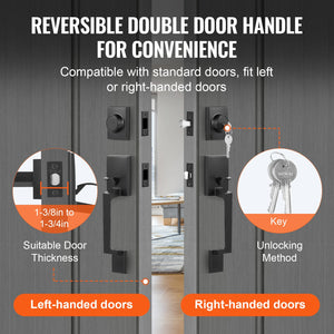 Double Door Handle Set Matte Black | Heavy Duty Square Lever with Dummy & Lock Set | Reversible Handle for Front Door or Office Entry