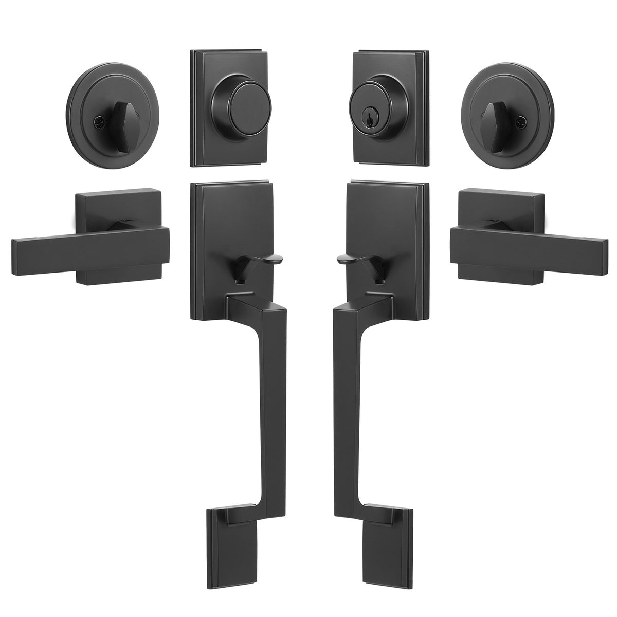 Double Door Handle Set Matte Black | Heavy Duty Square Lever with Dummy & Lock Set | Reversible Handle for Front Door or Office Entry