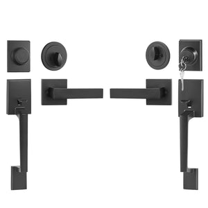 Double Door Handle Set Matte Black | Heavy Duty Square Lever with Dummy & Lock Set | Reversible Handle for Front Door or Office Entry