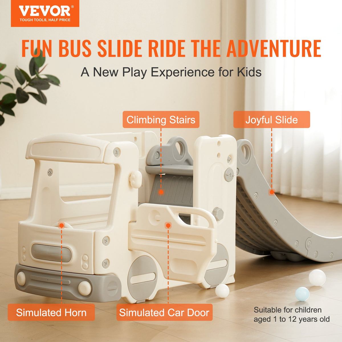 Toddler Slide & Playhouse | Indoor Outdoor Kids Slide with Climbing Ladder & Bus Design | Raised Handrail & Anti-Slip | 50kg Capacity for Ages 1-12