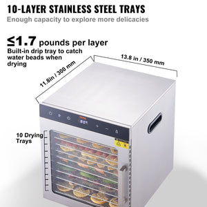 Food Dehydrator | 10-Tray 800W Stainless Steel Jerky & Fruit Dryer