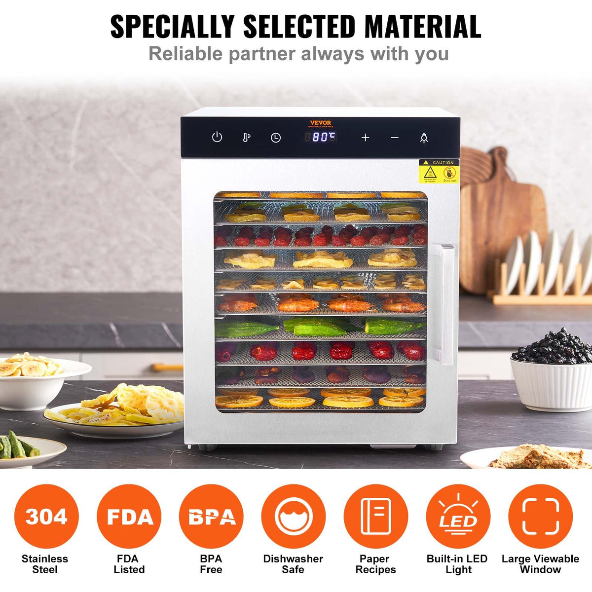 Food Dehydrator | 10-Tray 800W Stainless Steel Jerky & Fruit Dryer
