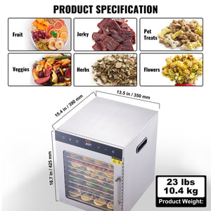 Food Dehydrator | 10-Tray 800W Stainless Steel Jerky & Fruit Dryer