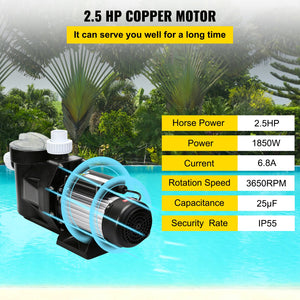 Swimming Pool Filter Pump | 2.5HP 1850W Single-Speed 148GPM | Above Ground & Spa Circulation System