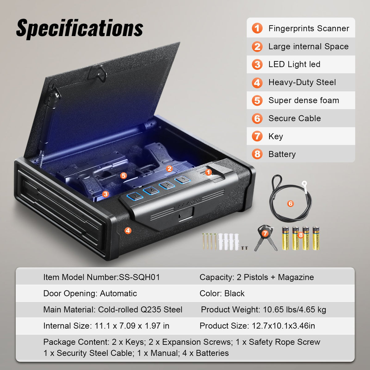 Gun Safe | Biometric 2-Pistol Safe with 3 Access Methods