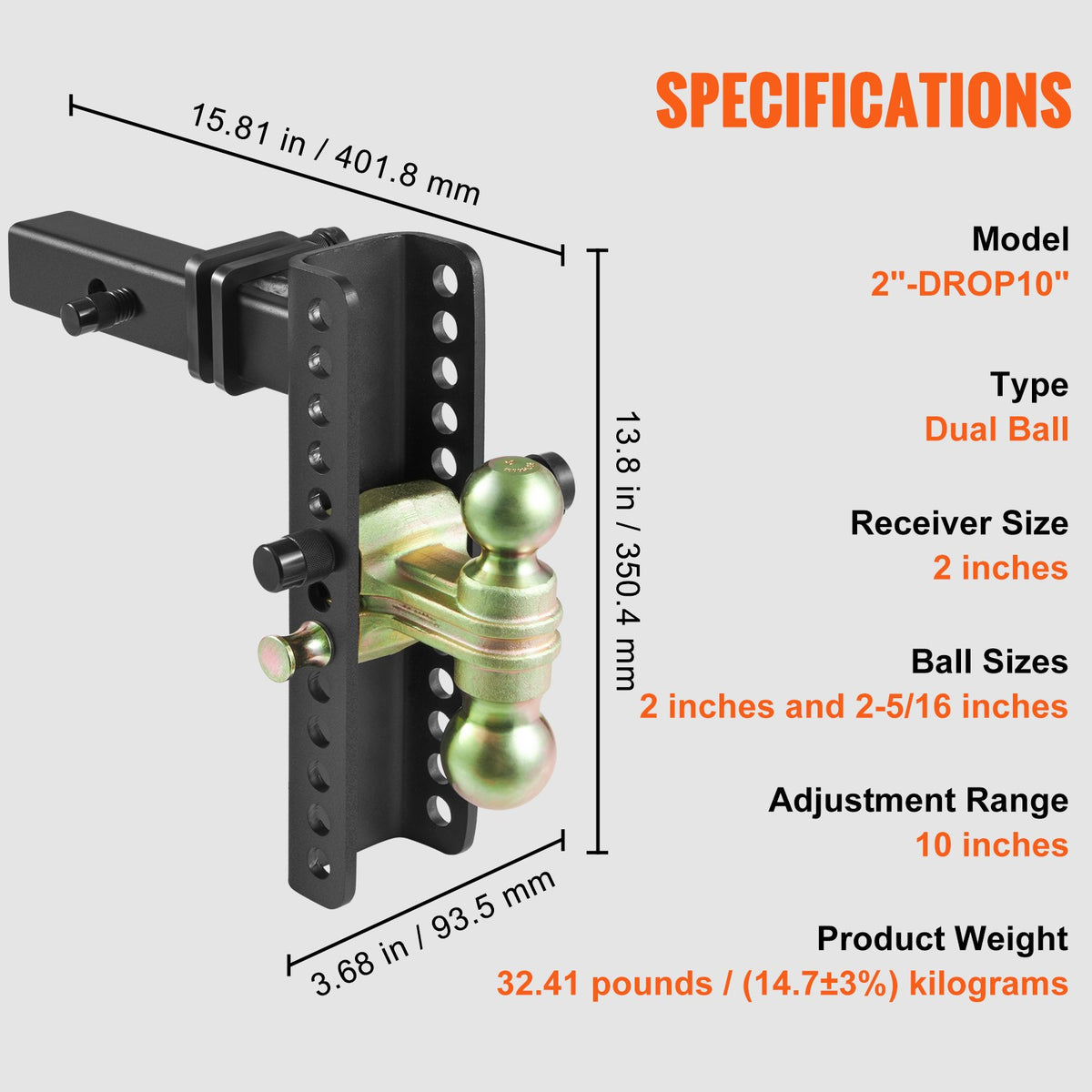Adjustable Trailer Hitch | 25.4cm Drop & 21.59cm Rise | 5.08cm Receiver | 6350kg GTW | Tow Balls & Lock