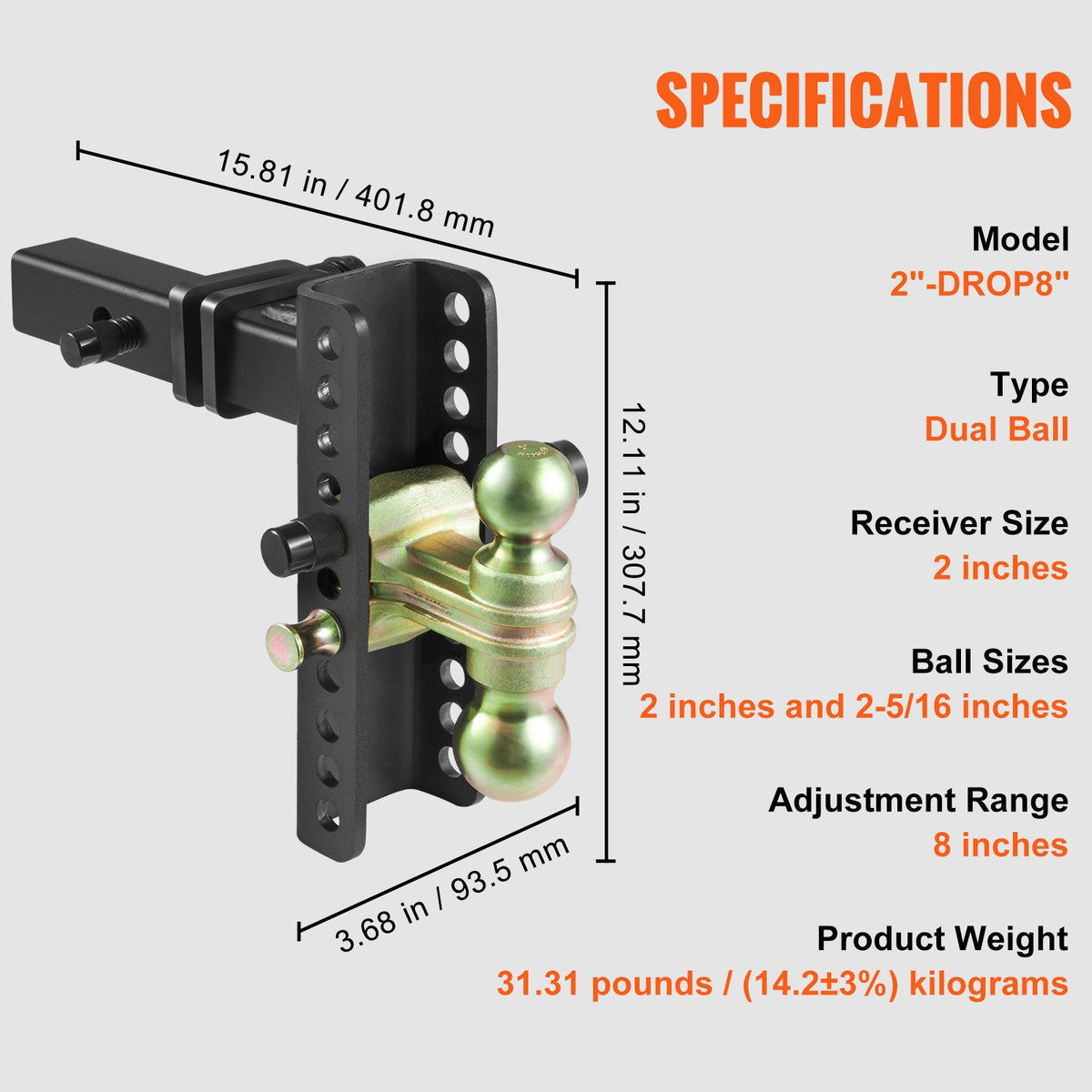 Adjustable Trailer Hitch | 20.32cm Drop & 16.51cm Rise | 5.08cm Receiver | 6350kg GTW | Tow Balls & Lock