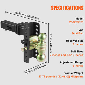 Adjustable Trailer Hitch | 15.24cm Drop & 11.43cm Rise | 5.08cm Receiver | 6350kg GTW | Tow Balls & Lock