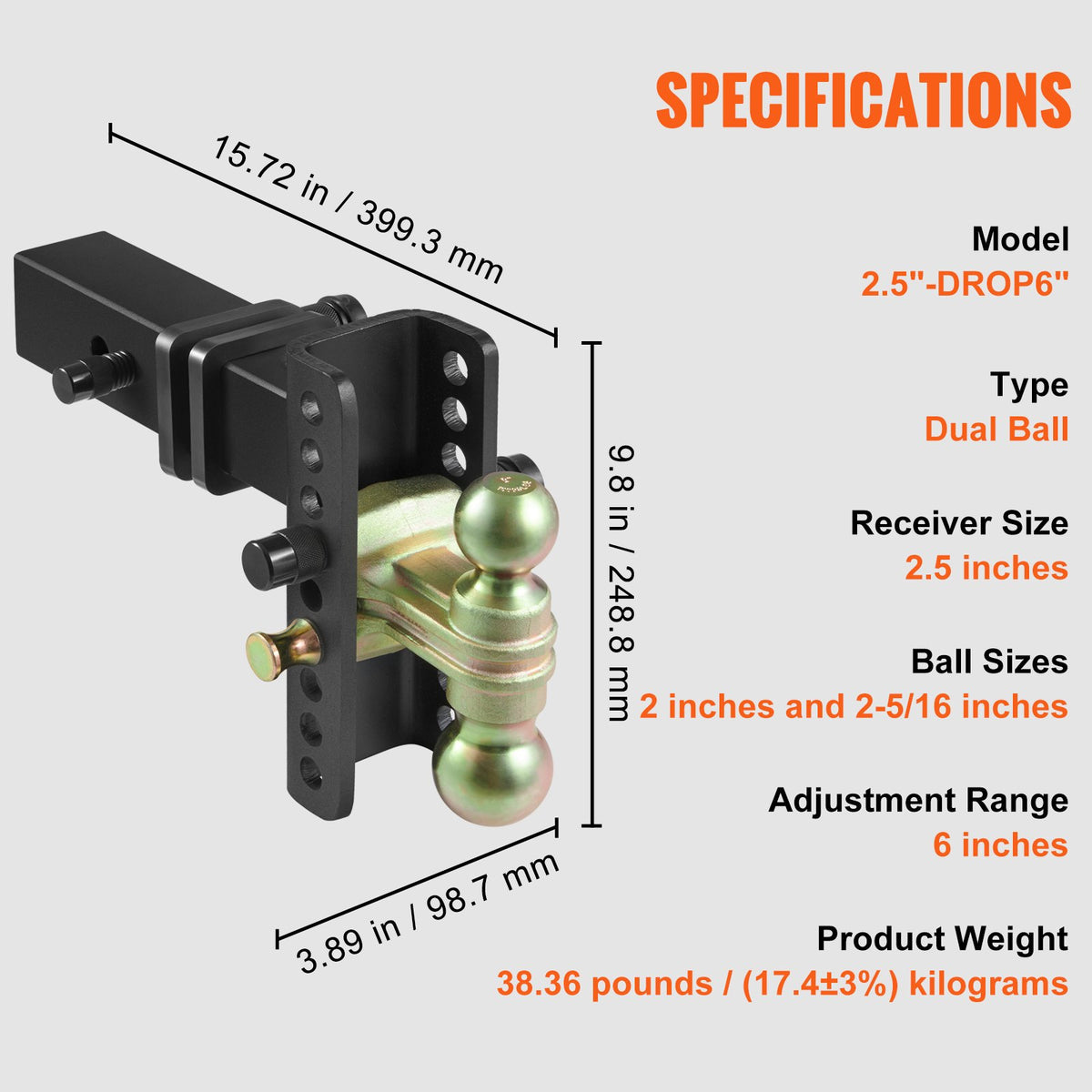 Adjustable Trailer Hitch | 15cm Drop & 11.43cm Rise | 6.35cm Receiver | 6577kg GTW | 2 Tow Balls with Lock