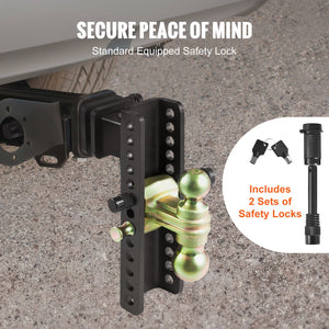 Adjustable Trailer Hitch | 25cm Drop & 21.59cm Rise | 6.35cm Receiver | 6577kg GTW | Tow Balls & Lock
