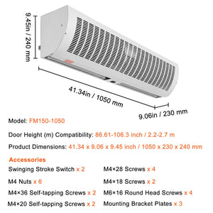 Commercial Air Curtain 1.1m | 2-Speed 2292m³/h | UL Certified Wall-Mount Indoor Over-Door Fan