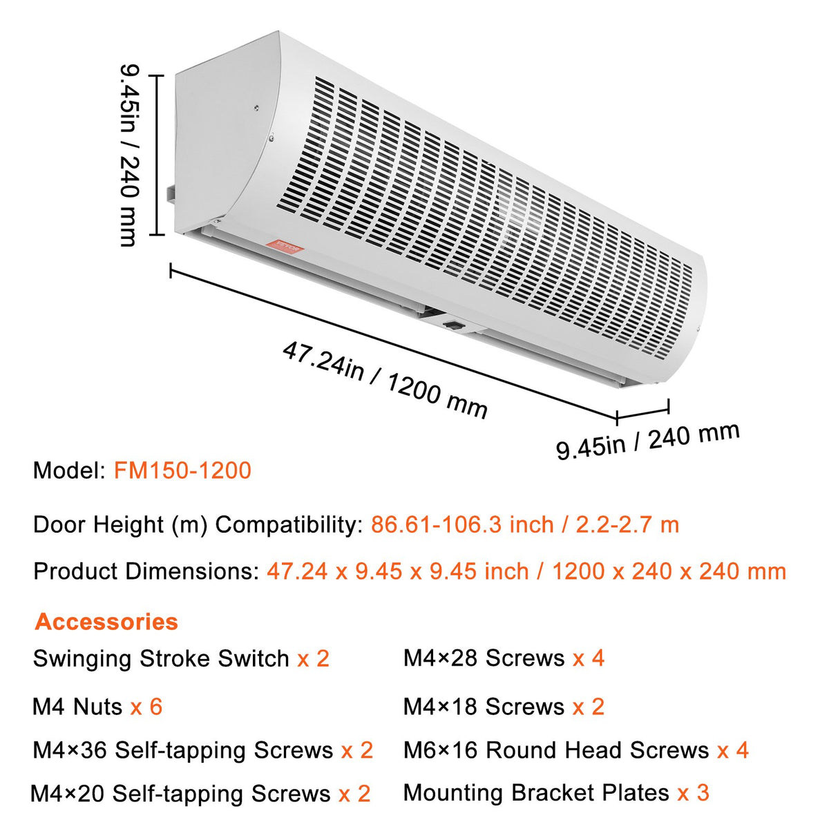 Commercial Air Curtain 1.2m | 2-Speed 2802m³/h | UL Certified Wall-Mount Indoor Over-Door Fan