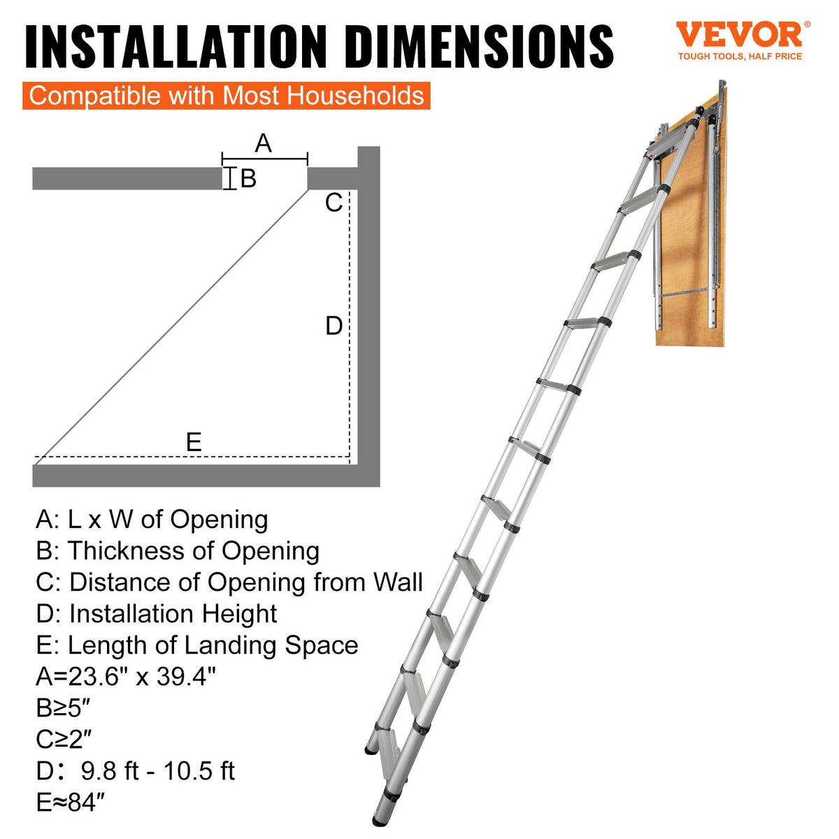 Attic Ladder | Telescoping Aluminum 100x60cm | Fits 2.98–3.2m Ceilings | 158kg Capacity