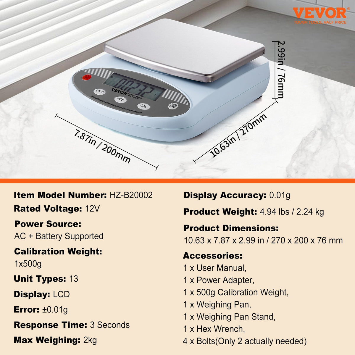 Analytical Balance 2000g x 0.01g | Precision Lab Scale with 13 Unit Conversions | Digital LCD Display