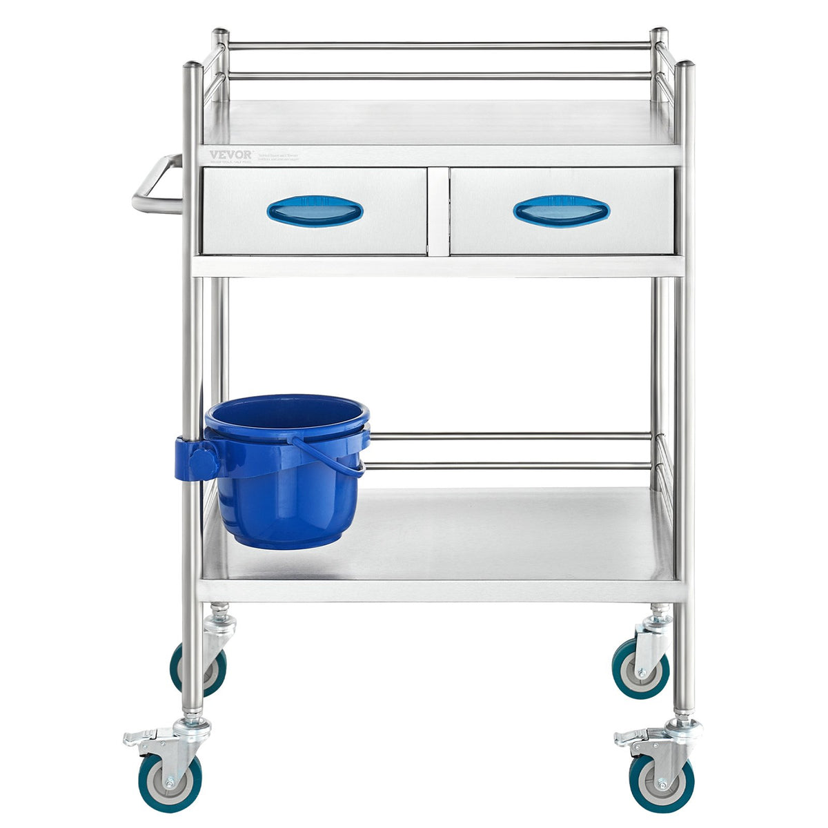 Lab Utility Cart | 2-Tier Stainless Steel Rolling Cart with 2 Drawers, Locking Wheels & Bucket | Medical, Dental & Laboratory Use