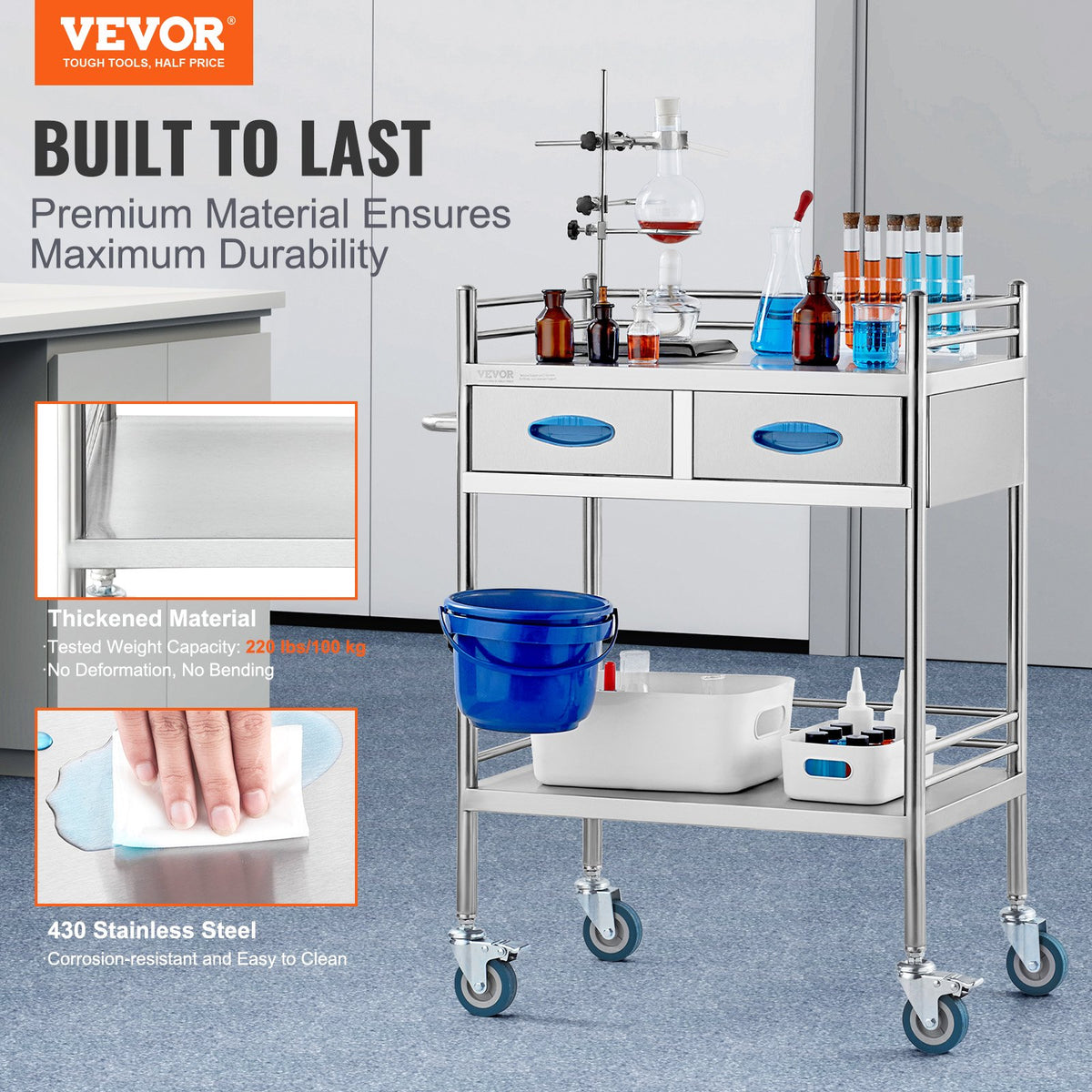 Lab Utility Cart | 2-Tier Stainless Steel Rolling Cart with 2 Drawers, Locking Wheels & Bucket | Medical, Dental & Laboratory Use