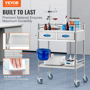 Lab Utility Cart | 2-Tier Stainless Steel Rolling Cart with 2 Drawers, Locking Wheels & Bucket | Medical, Dental & Laboratory Use