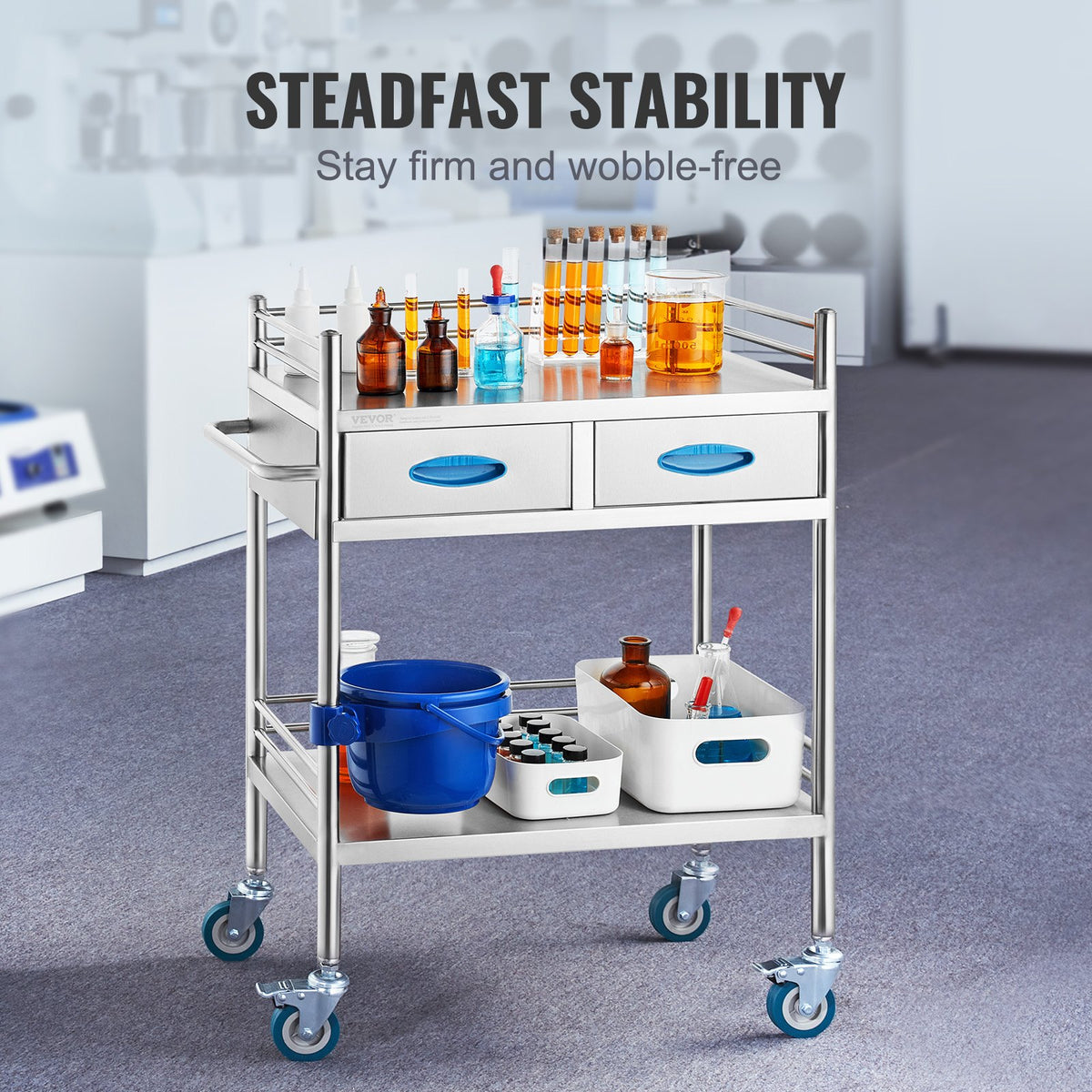 Lab Utility Cart | 2-Tier Stainless Steel Rolling Cart with 2 Drawers, Locking Wheels & Bucket | Medical, Dental & Laboratory Use