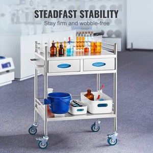 Lab Utility Cart | 2-Tier Stainless Steel Rolling Cart with 2 Drawers, Locking Wheels & Bucket | Medical, Dental & Laboratory Use