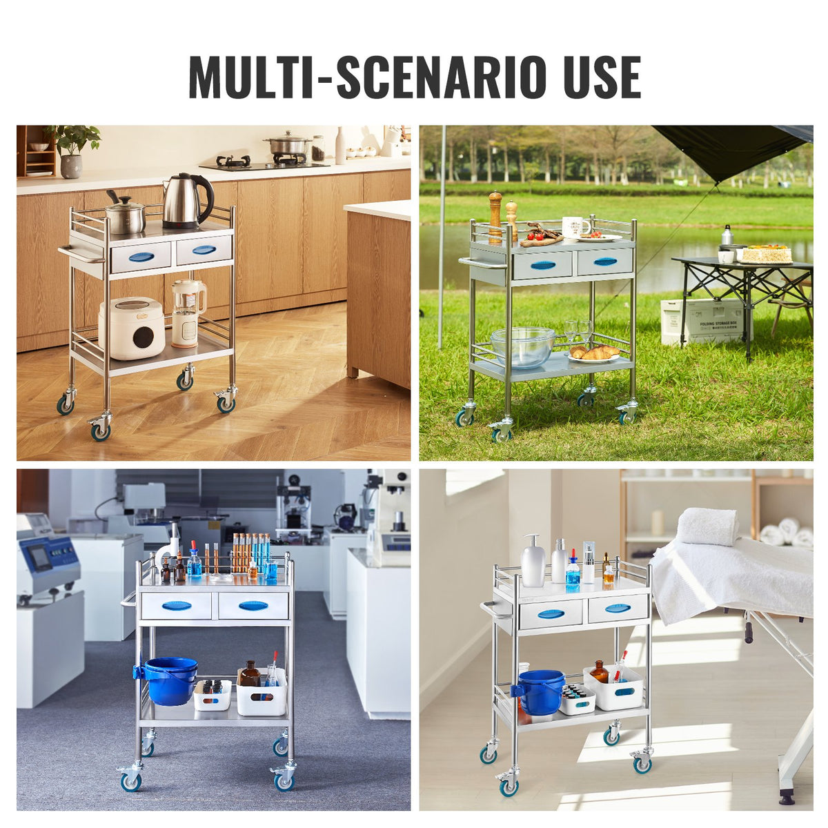 Lab Utility Cart | 2-Tier Stainless Steel Rolling Cart with 2 Drawers, Locking Wheels & Bucket | Medical, Dental & Laboratory Use