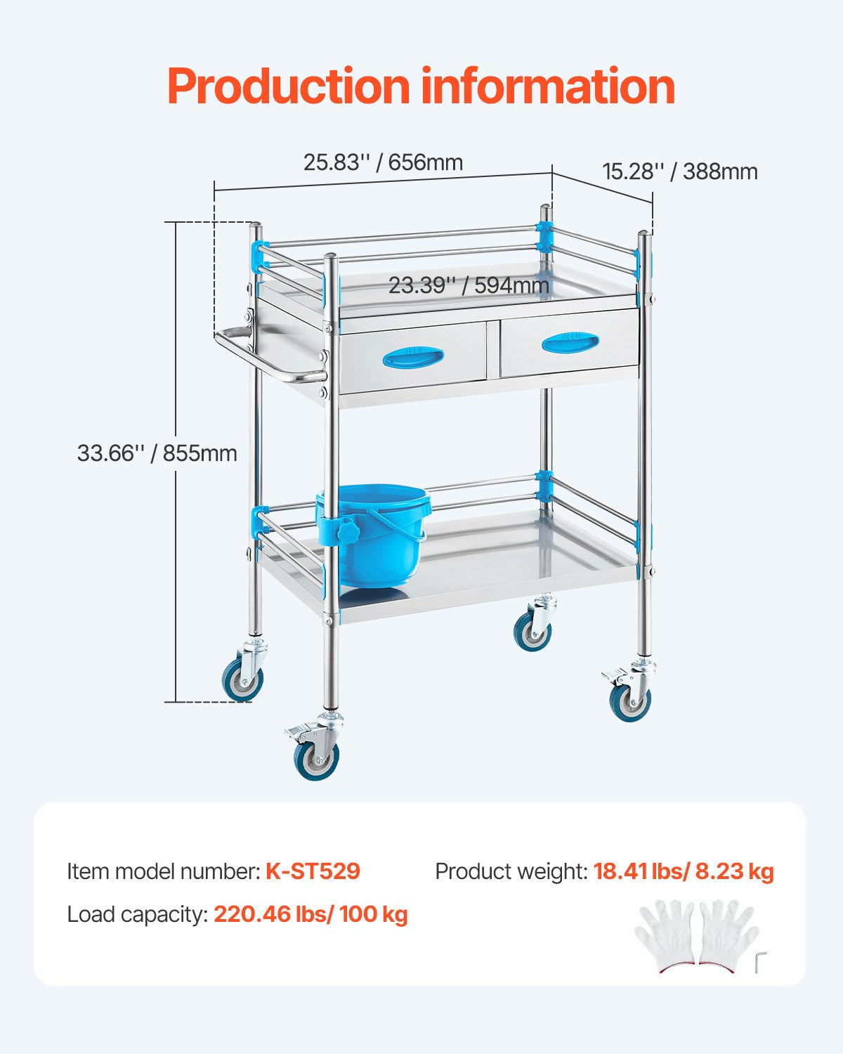 Lab Utility Cart | 2-Tier Stainless Steel Rolling Cart with 2 Drawers, Locking Wheels & Bucket | Medical, Dental & Laboratory Use