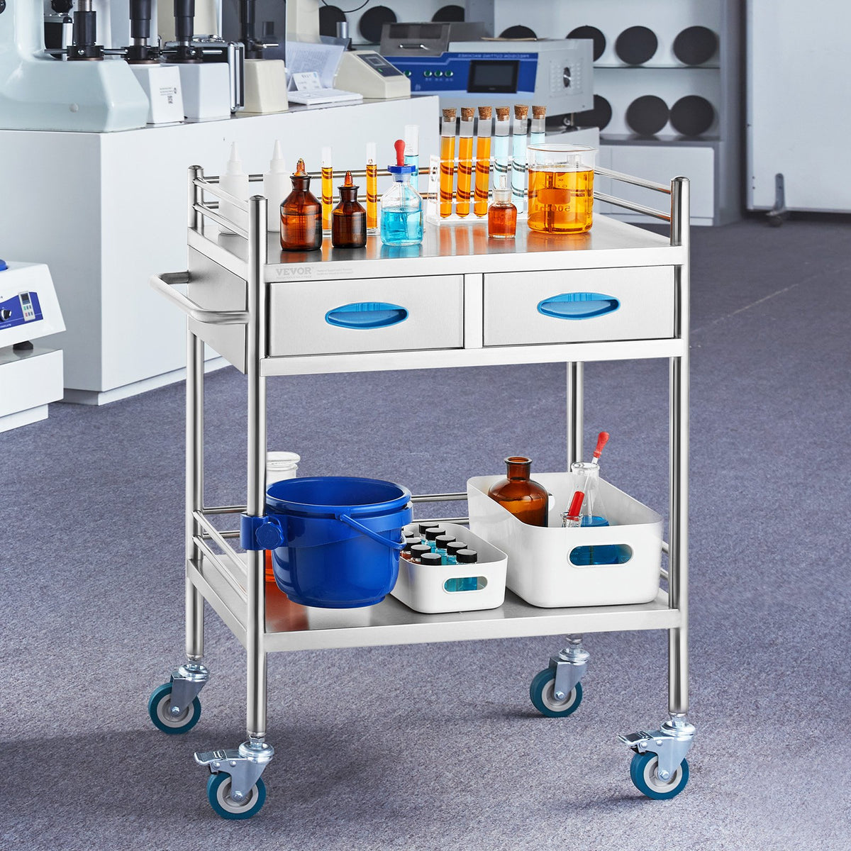 Lab Utility Cart | 2-Tier Stainless Steel Rolling Cart with 2 Drawers, Locking Wheels & Bucket | Medical, Dental & Laboratory Use