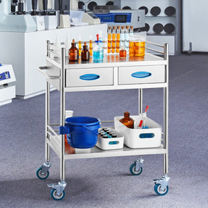 Lab Utility Cart | 2-Tier Stainless Steel Rolling Cart with 2 Drawers, Locking Wheels & Bucket | Medical, Dental & Laboratory Use