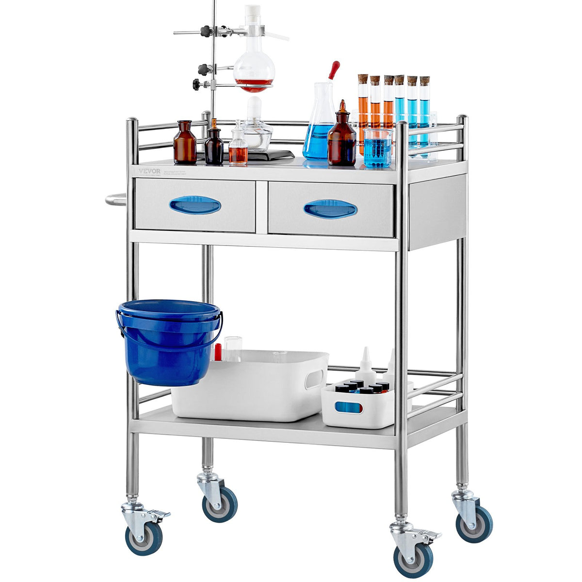 Lab Utility Cart | 2-Tier Stainless Steel Rolling Cart with 2 Drawers, Locking Wheels & Bucket | Medical, Dental & Laboratory Use