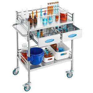 Lab Utility Cart | 2-Tier Stainless Steel Rolling Cart with 2 Drawers, Locking Wheels & Bucket | Medical, Dental & Laboratory Use