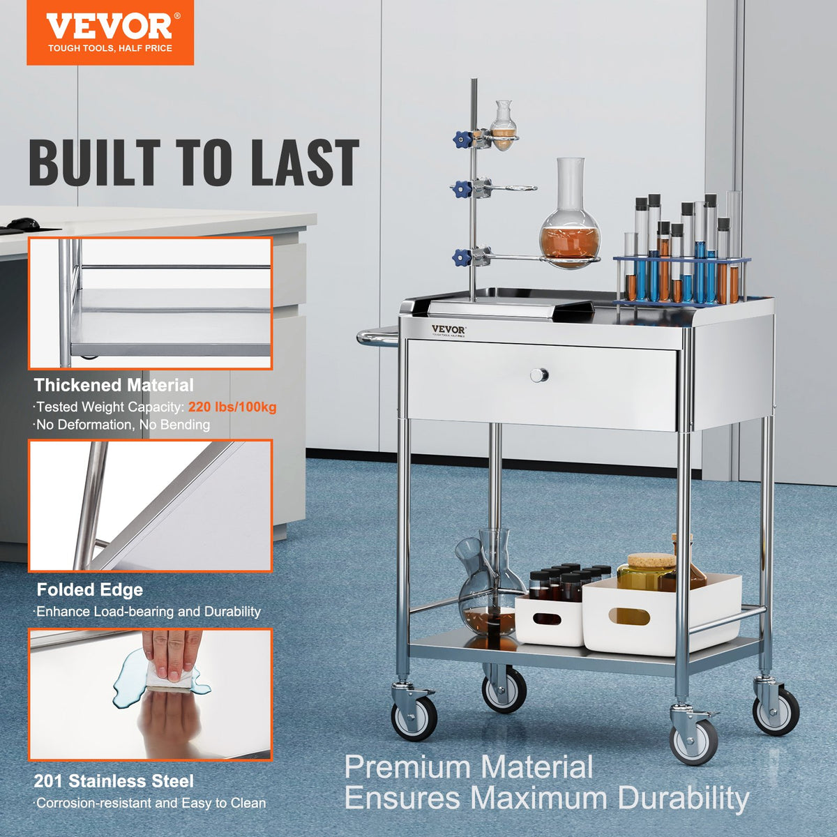 Medical Utility Cart | 2-Tier Stainless Steel with Drawer & Silent Wheels | 100kg Capacity