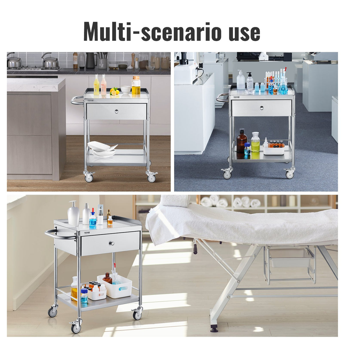 Medical Utility Cart | 2-Tier Stainless Steel with Drawer & Silent Wheels | 100kg Capacity