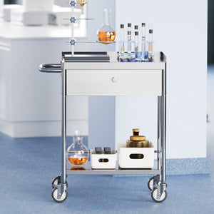 Medical Utility Cart | 2-Tier Stainless Steel with Drawer & Silent Wheels | 100kg Capacity