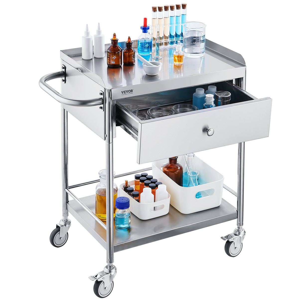 Medical Utility Cart | 2-Tier Stainless Steel with Drawer & Silent Wheels | 100kg Capacity