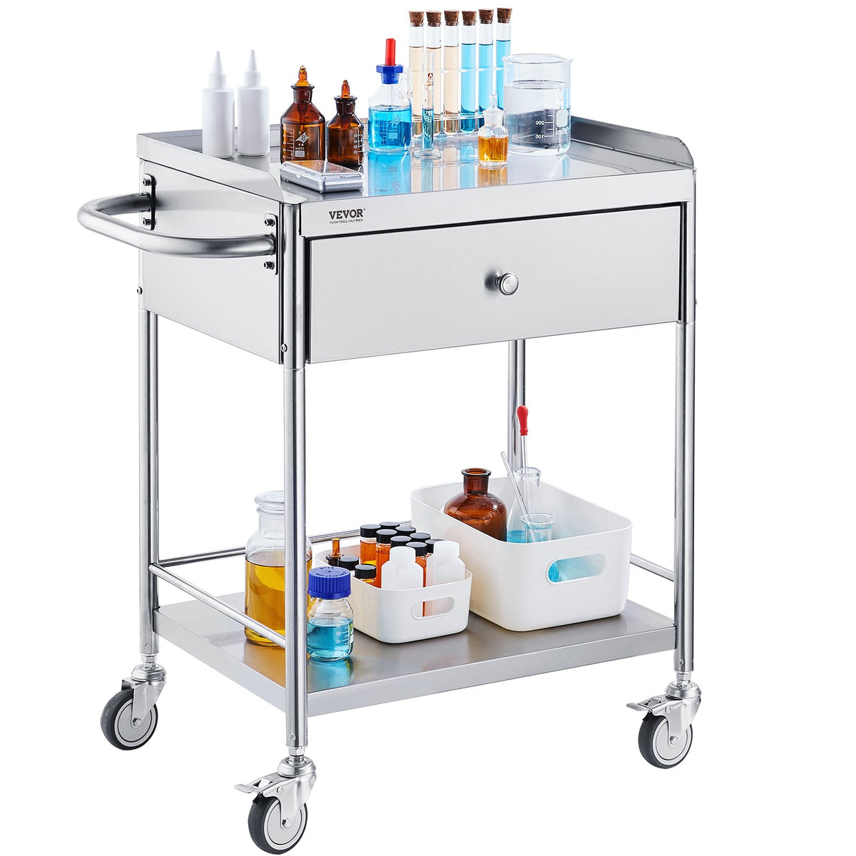 Medical Utility Cart | 2-Tier Stainless Steel with Drawer & Silent Wheels | 100kg Capacity