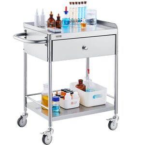 Medical Utility Cart | 2-Tier Stainless Steel with Drawer & Silent Wheels | 100kg Capacity