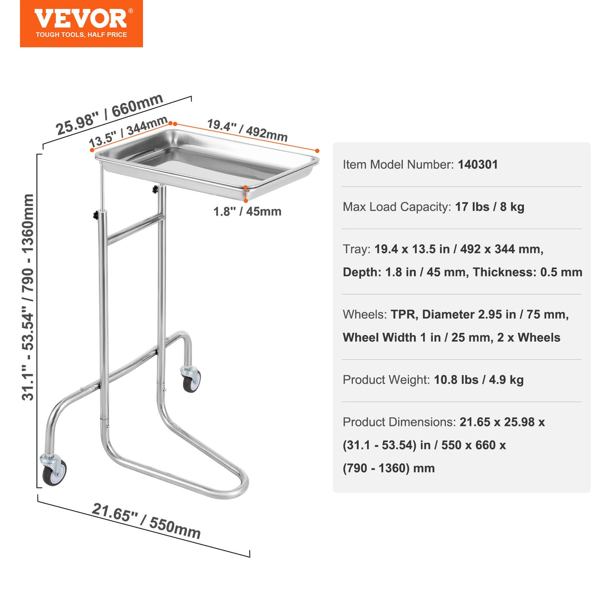 Stainless Steel Lab Cart | Single Tray with 2 Silent Wheels