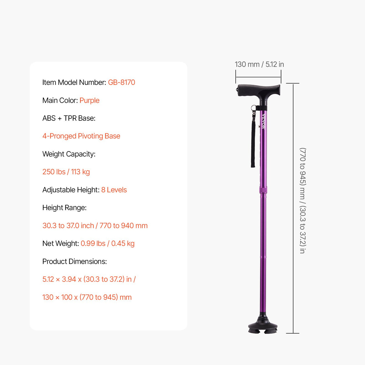 Folding Walking Cane | 8-Level Adjustable Height with 4-Prong Base
