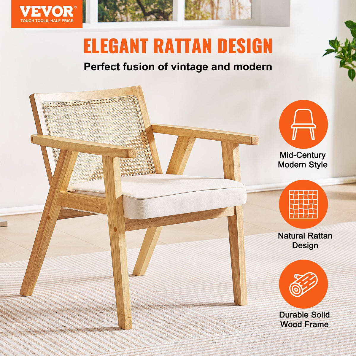 Rattan Dining Chair | Mid-Century Modern Armrest Chair with Upholstered Seat | Beige Retro Rattan Back for Dining, Living, Office