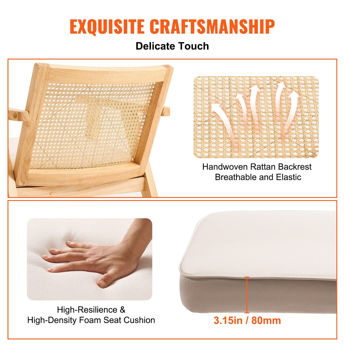 Rattan Dining Chair | Mid-Century Modern Armrest Chair with Upholstered Seat | Beige Retro Rattan Back for Dining, Living, Office