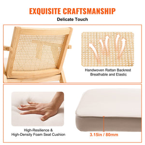 Rattan Dining Chair | Mid-Century Modern Armrest Chair with Upholstered Seat | Beige Retro Rattan Back for Dining, Living, Office