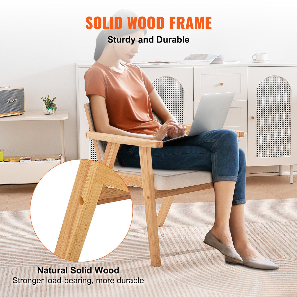 Rattan Dining Chair | Mid-Century Modern Armrest Chair with Upholstered Seat | Beige Retro Rattan Back for Dining, Living, Office