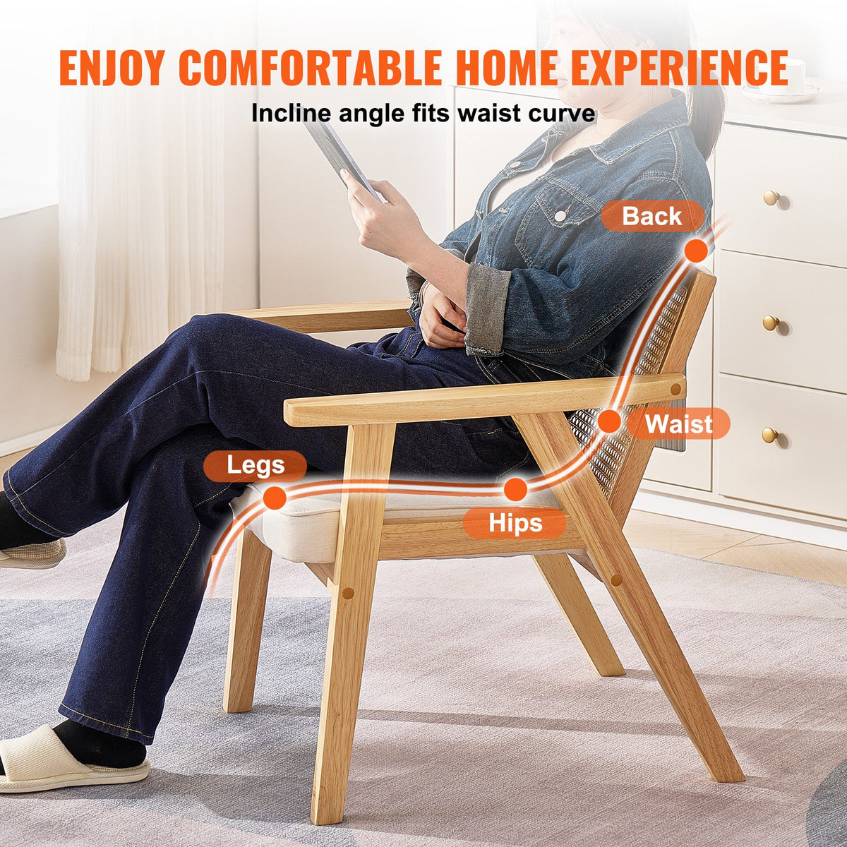 Rattan Dining Chair | Mid-Century Modern Armrest Chair with Upholstered Seat | Beige Retro Rattan Back for Dining, Living, Office