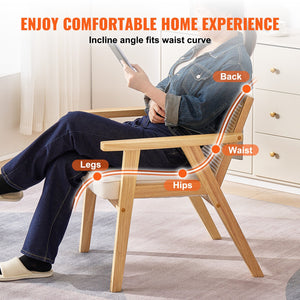 Rattan Dining Chair | Mid-Century Modern Armrest Chair with Upholstered Seat | Beige Retro Rattan Back for Dining, Living, Office